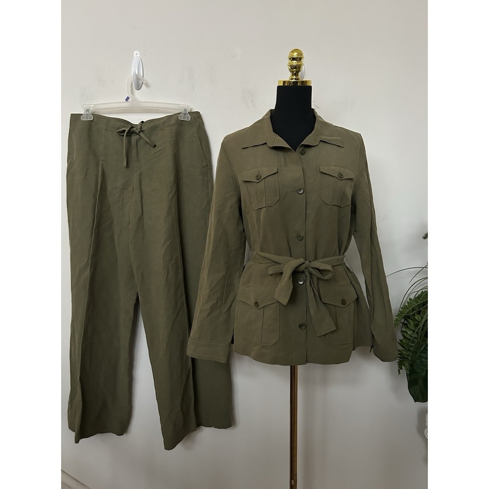Tommy‎ Bahama Silk Linen Safari Jacket Wide Leg Pants Set Green Casual Utility L